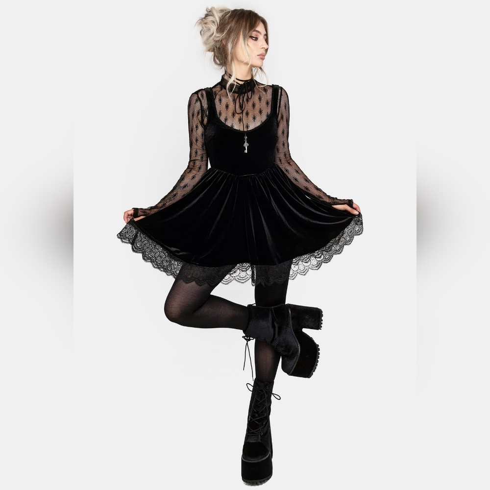 Disturbia Orbweb Lace Hem Velour Mini Dress *READ DESCRIPTION*